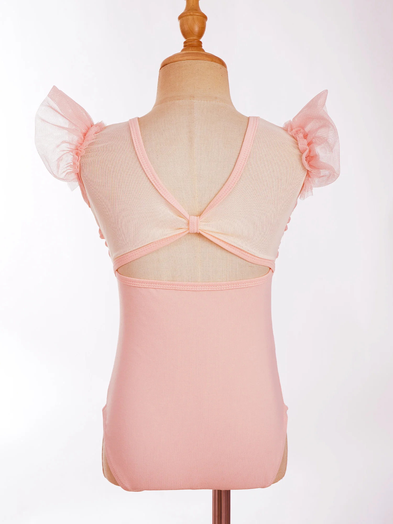 Kids Girls Ballet Leotard Cotton Ruffle Sleeve Ruched Mesh Patchwork Bodysuit for Ballerina Dance Gymnastics Workout Dancewear