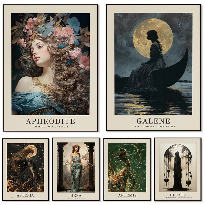 

1 шт. безрамный винтажный классический постер с изображением богинь греческой мифологии Афродиты, Геры, Галины, печатный на холсте, для украшения дома