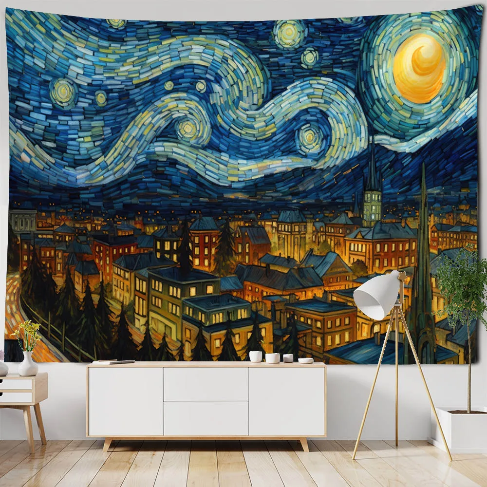 

Starry sky oil painting tapestry wall hanging city night landscape art decoration tapestry retro hippie home bedroom living room