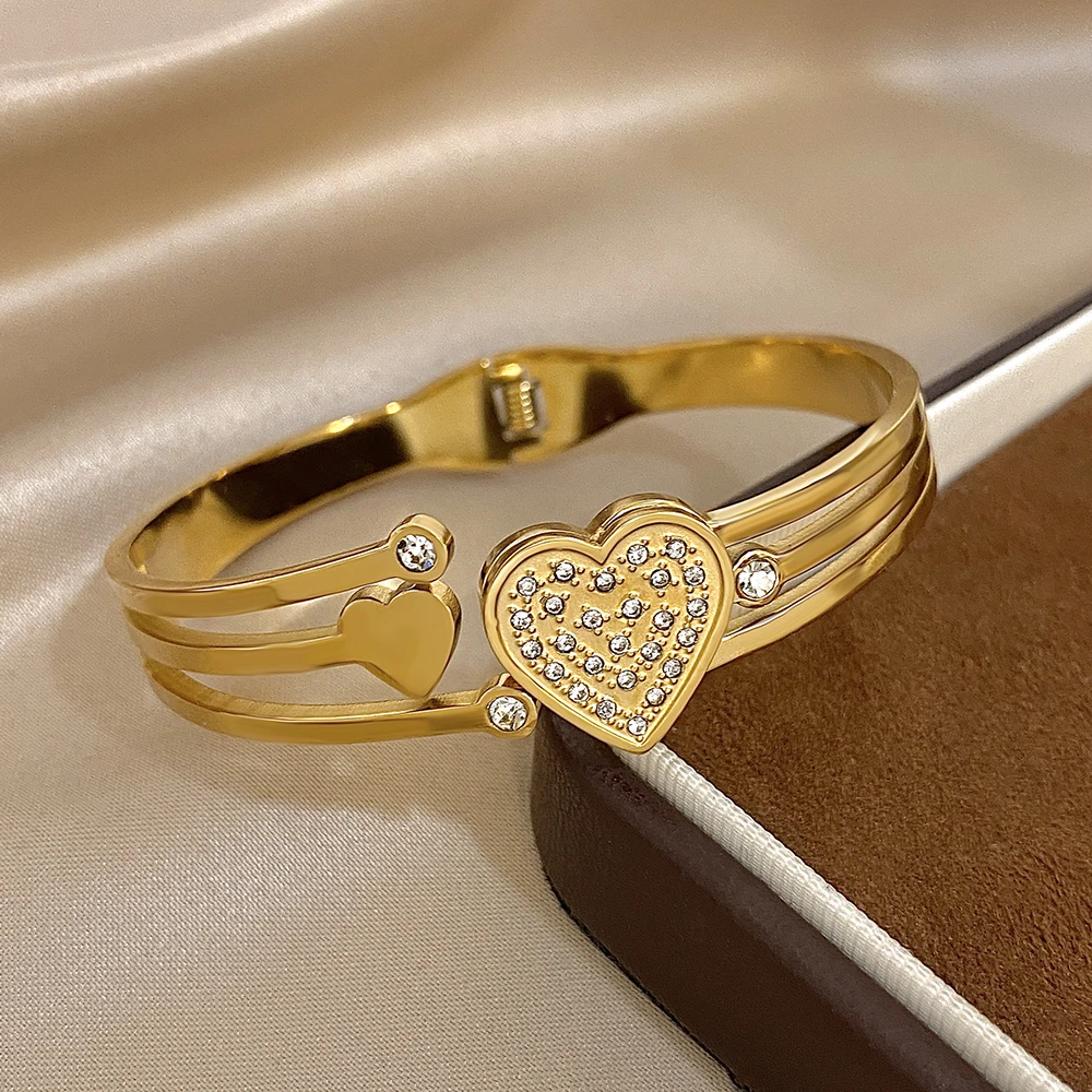 

Freetry New Fashion Heart Stainless Steel Wide Bracelet Bangle for Women Waterproof Hollow Out Multilayer Spring Opening Bangle