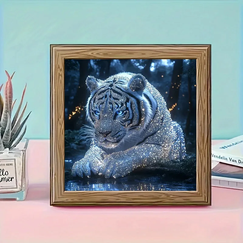 5D DIY Diamond Painting Kit White Tiger Animal Moonlit Forest Stream No Frame Full Drill Mosaic Art Gift Adults Home Wall Decor