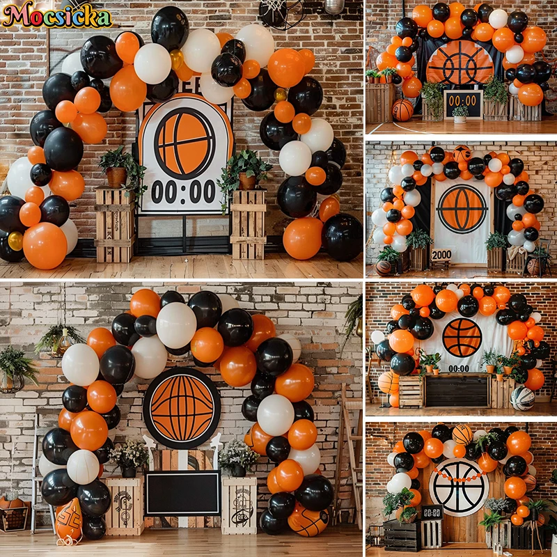 

Mocsicka Photography Background Kid Birthday Party Cake Smash Decor Basketball Balloon Arch Tan Brick Wall Backdrop Photo Studio