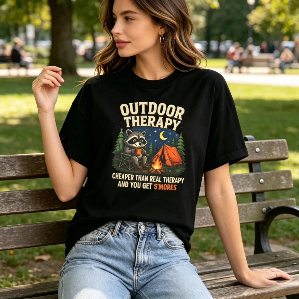 Outdoor Therapy Tee Funny Raccoon Camping Graphic T-Shirt Camping Lover Gift TShirt Men Women Fashion Crewneck Cotton Tee Tops