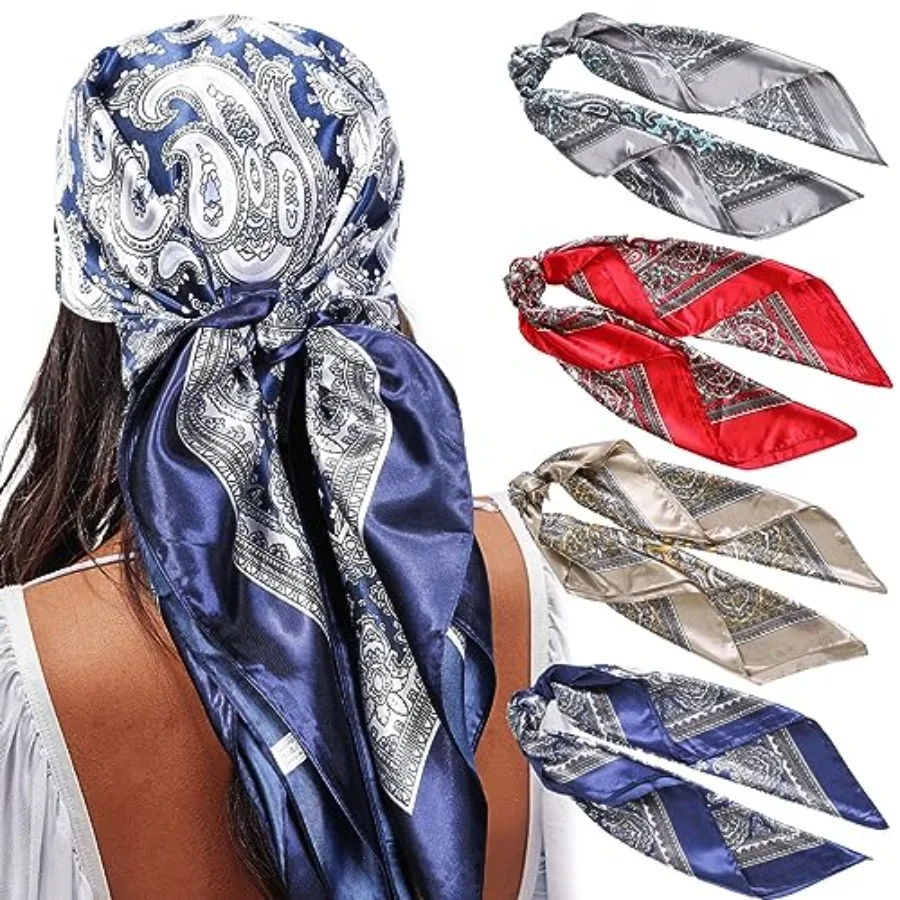 35 أوشحة رأس مربعة كبيرة من الساتان - 4 قطع من وشاح الرقبة يشبه الحرير، أغطية نوم للشعر للنساء، قماش ناعم وناعم مثالي لـ D