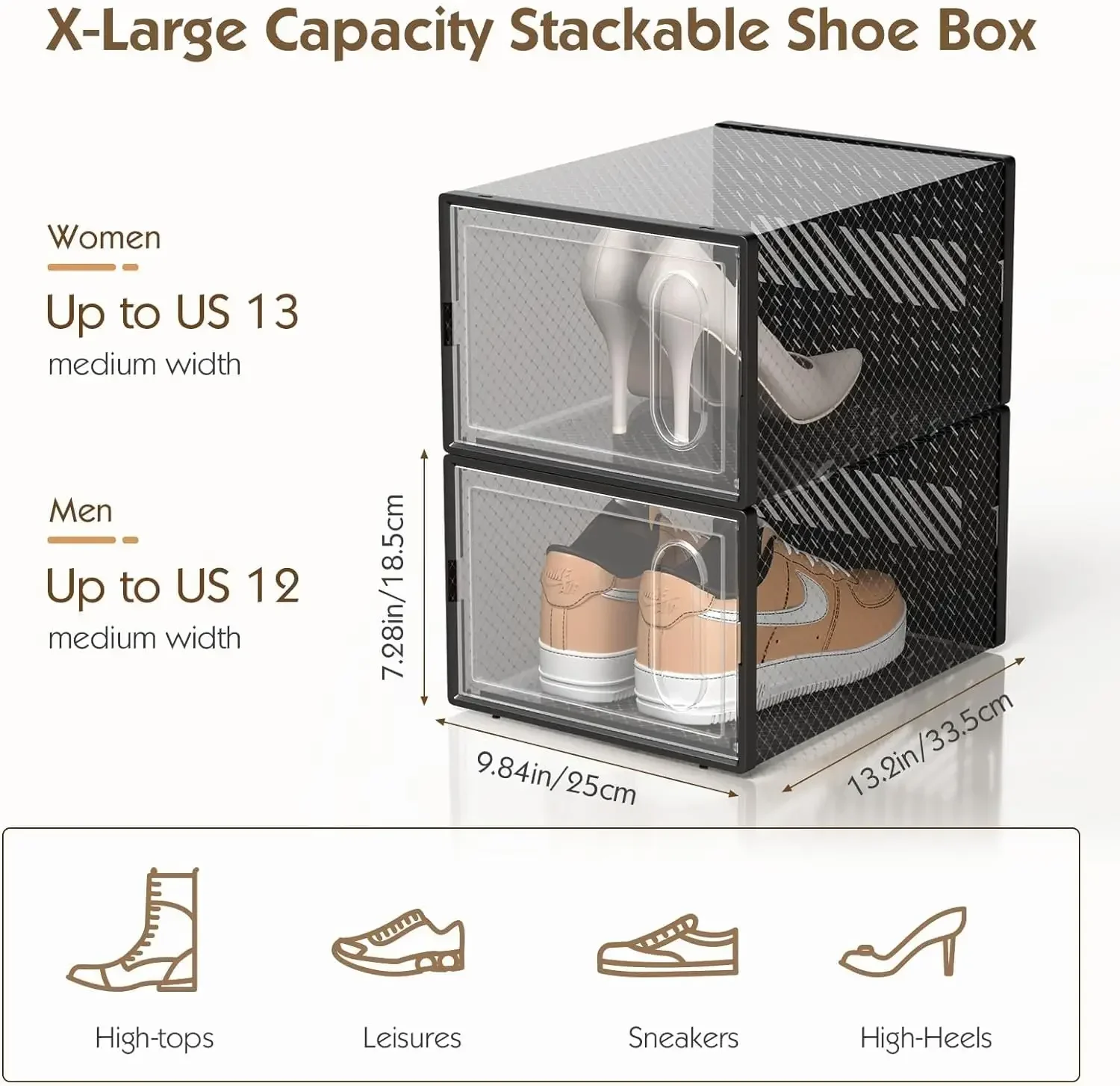 X-Large 12 Pack Shoe Storage Box with Magnetic Door, Fit up to Size 13, Clear Plastic Stackable  Organizer for Closet