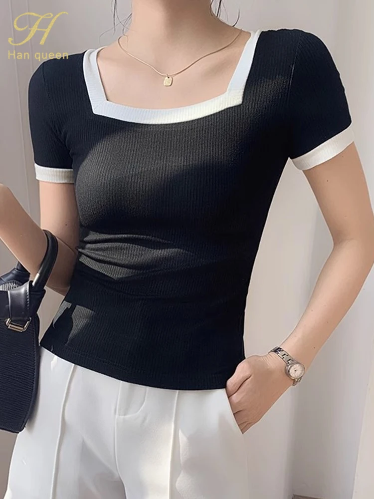 

H Han Queen Summer Korean Knit Streetwear Tees Basic Solid Young Cool Tops T shirts for Women Casual Pullover Knitted Clothes