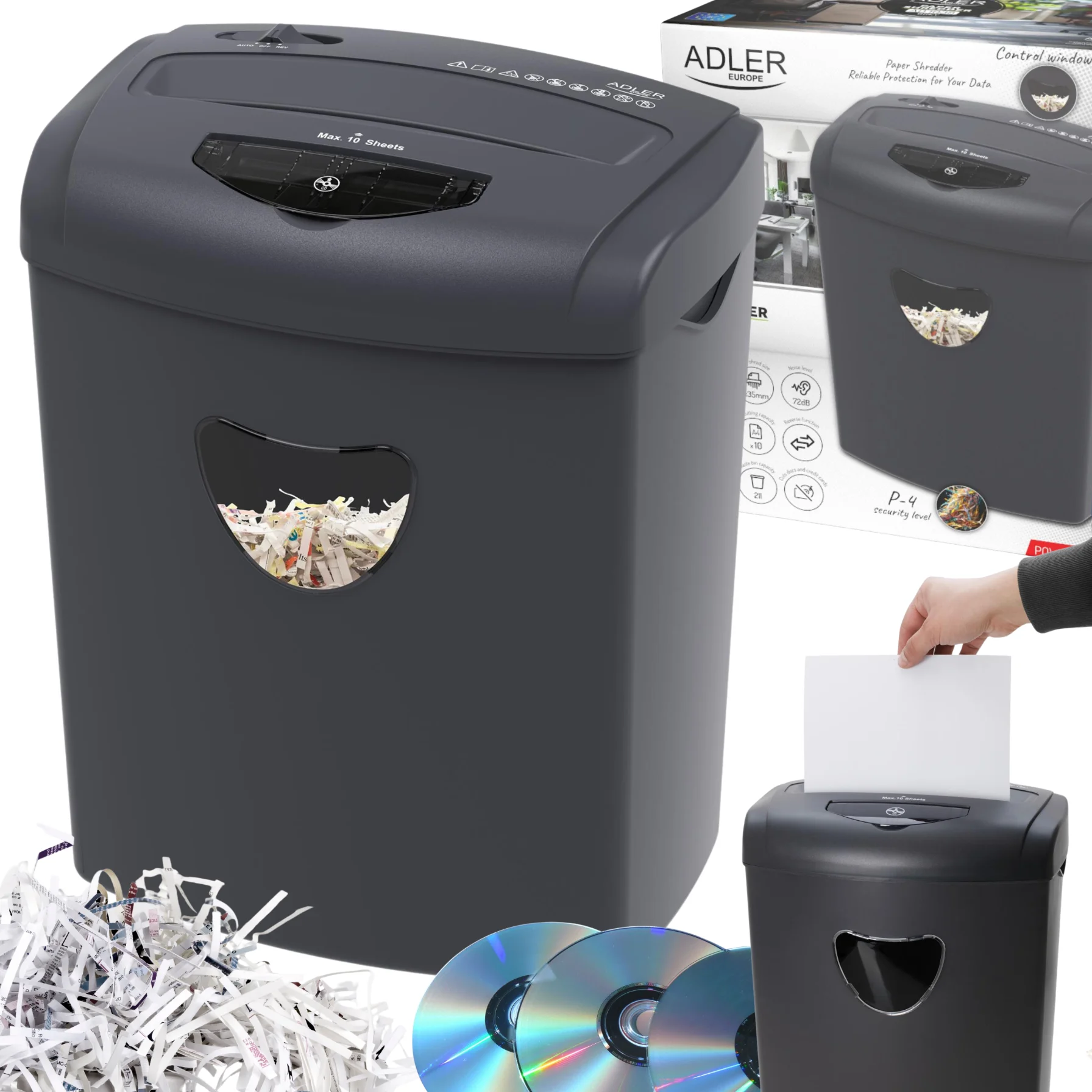 Adler papiervernietiger AD1038G Grijs, P-4 snede, 10 vel, 21L mand, CD/kaart