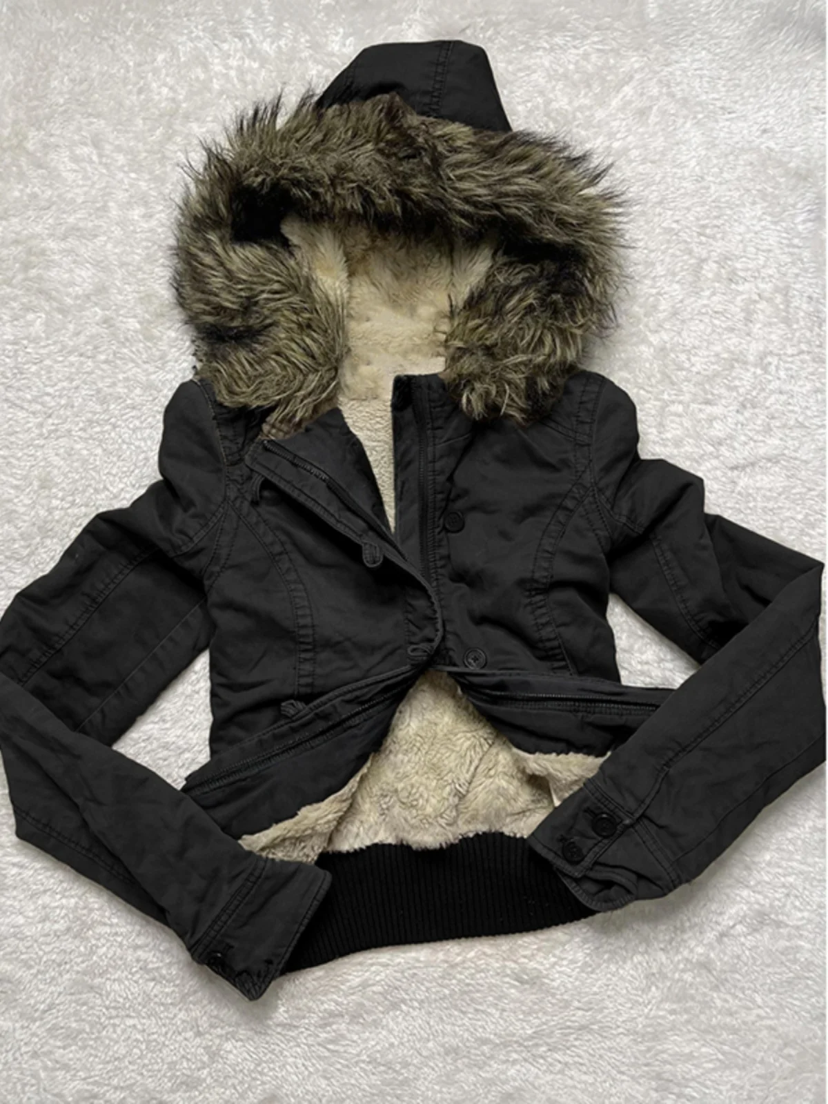 

Original Bla Fce Lined Warm Jaet Coat for Women Autumn Winter 2024 New American Retro Sle Ladies Faion ort Coat