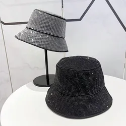 Luxury Designer Hot Fixed Rhinestone Bucket Hat Women Satin Bling Party Stage Fisherman Cap with All over stones