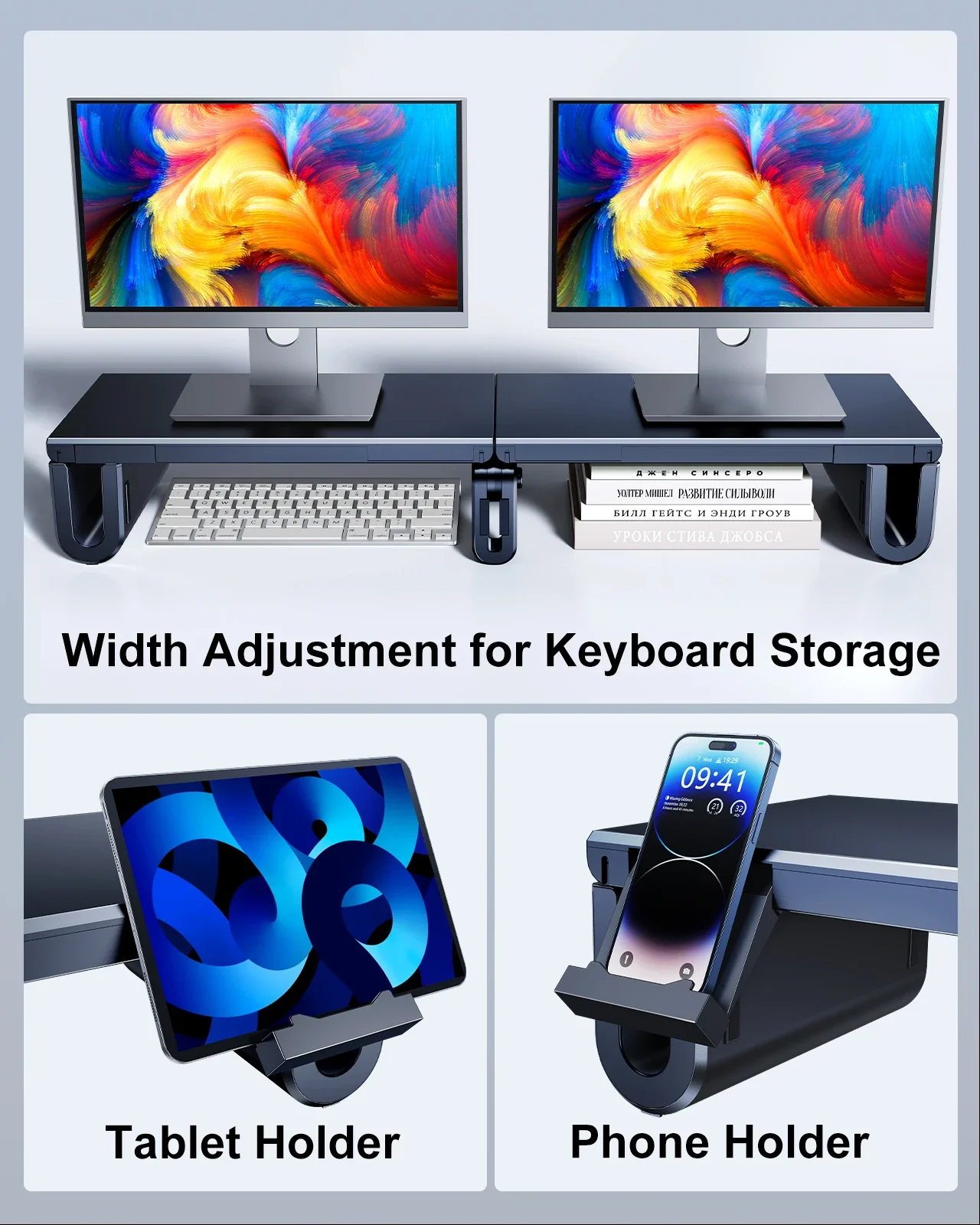 Eary Dual Monitor Stand Riser Length Adjustable Laptop Monitor Desktop Organizer Stand with Phone Tablet Holder for Home Office