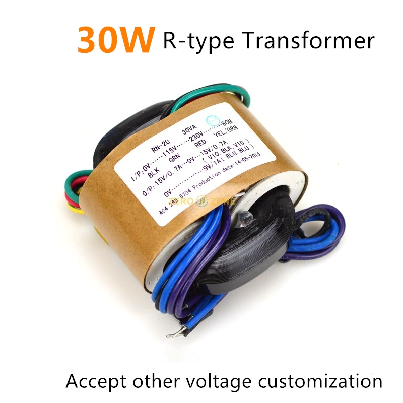 Trasformatore di tipo R in rame senza ossigeno da 30W, selezione di tensione multipla, accetta la personalizzazione di altre tensioni di uscita