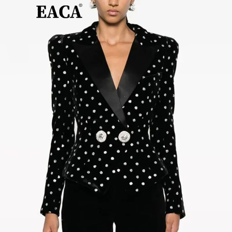 

EACA 2025 Autumn/Winter Collection Women's Versatile Design High-Quality Lion-Headed Button Tight-Peaked Polka-Dot Velvet Jacket