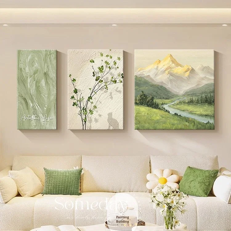 Living Room Framed Oil Glass ZHUOHAO Decorative Painting Cream Modern High-End Minimalist Triptych Sofa Background Sunshine