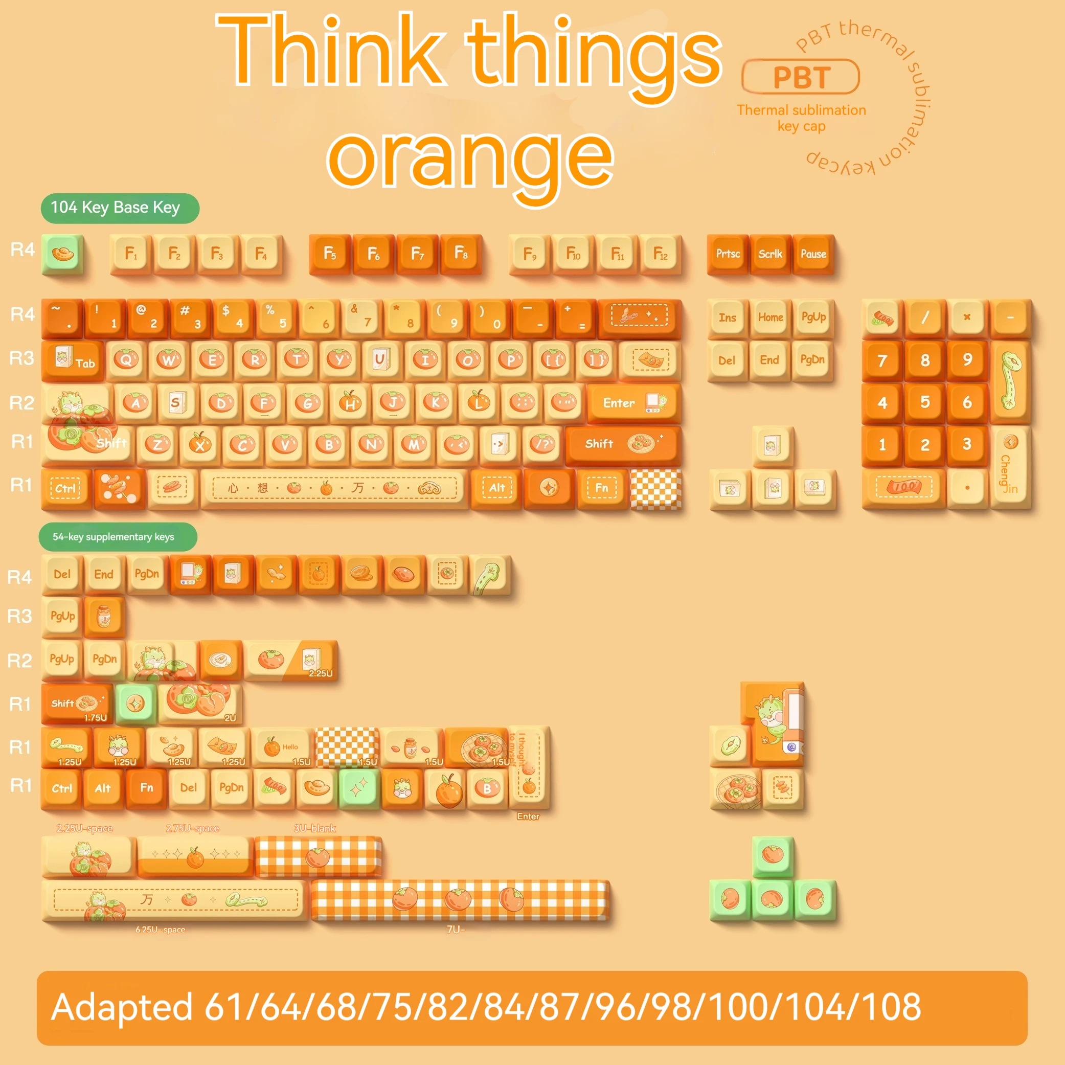 Orange Themed 158/138key Keycaps Pbt Thermal Sublimation Mda Profile Cute Fruit Keycaps Gaming Mechanical Keyboard Key Caps Gift