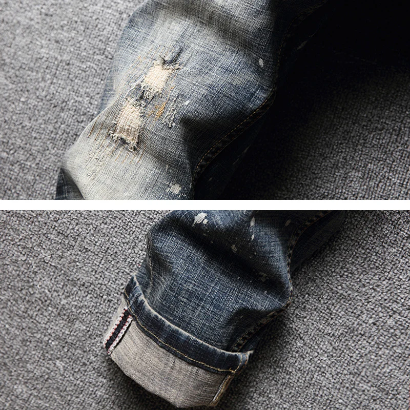 Fashion Designer Men Jeans Retro Gray Blue Stretch Elastic Slim Fit Ripped Jeans Men Painted Trousers Vintage Denim Pants Hombre