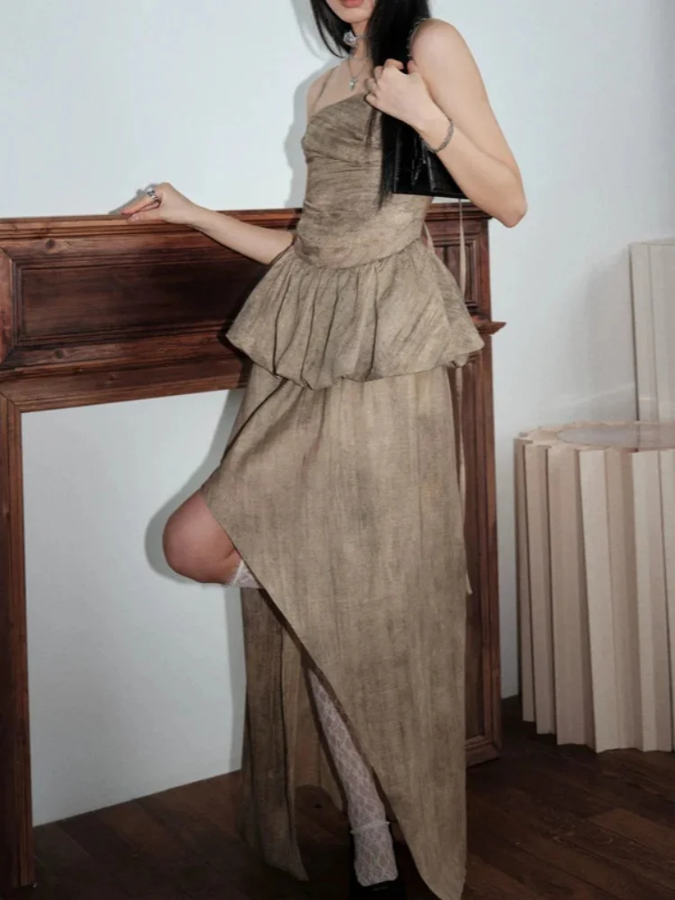 طقم قميص قصير أنيق مكون من قطعتين عتيق ثنيات من الخلف غير متماثل وتنورة طويلة عالية الخصر #6