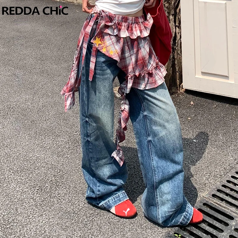 

ReddaChic в стиле панк, клетчатая звезда, женские накидки для джинсов, многоуровневая мини-юбка с рюшами, летняя фестивальная концертная одежда в стиле ретро Y2k