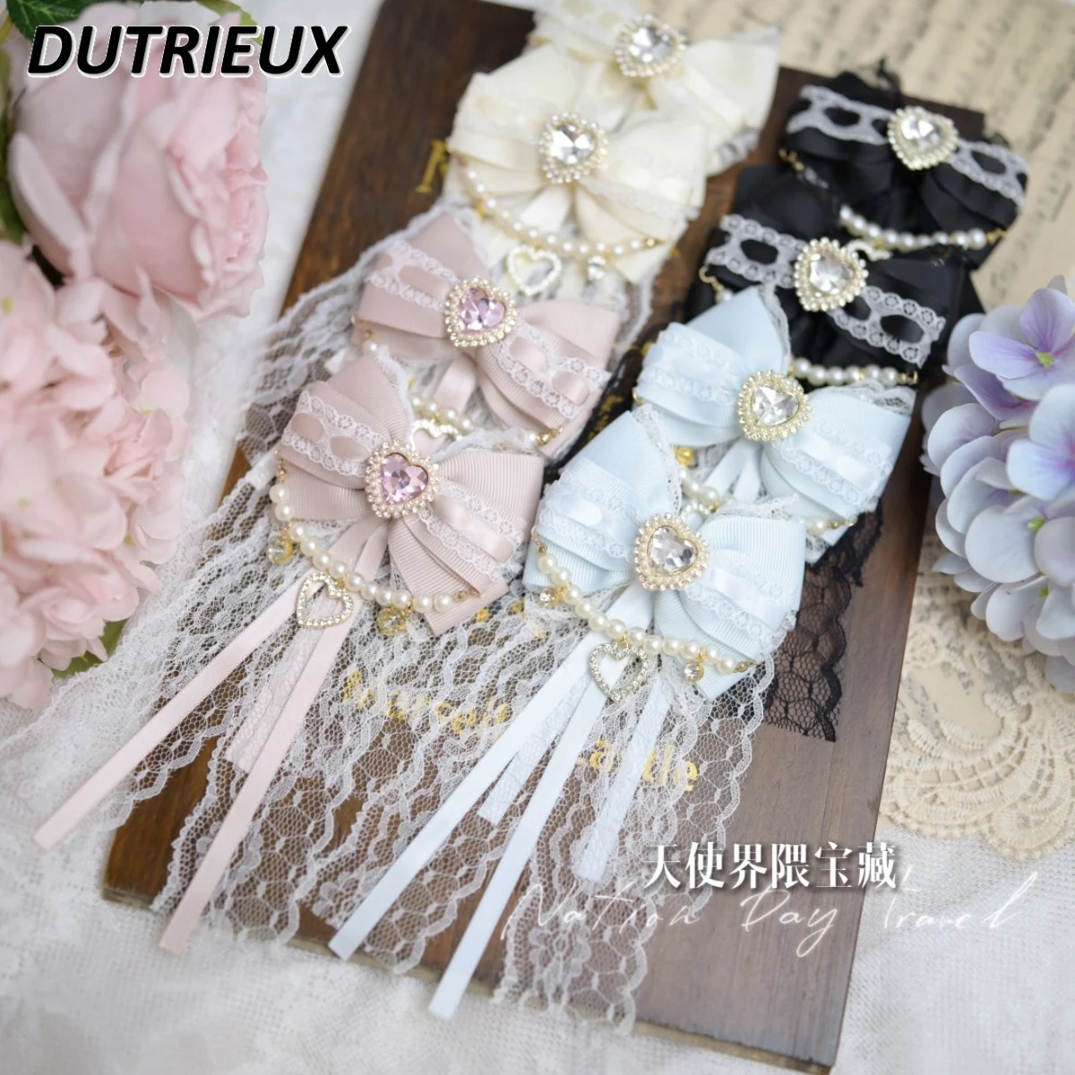 

Japanese Sweet Pearl Chain Lace Bow Barrettes A Pair of Hairclips Mass-Produced Cute Ribbon Handmade Jewelry Hair Accessories