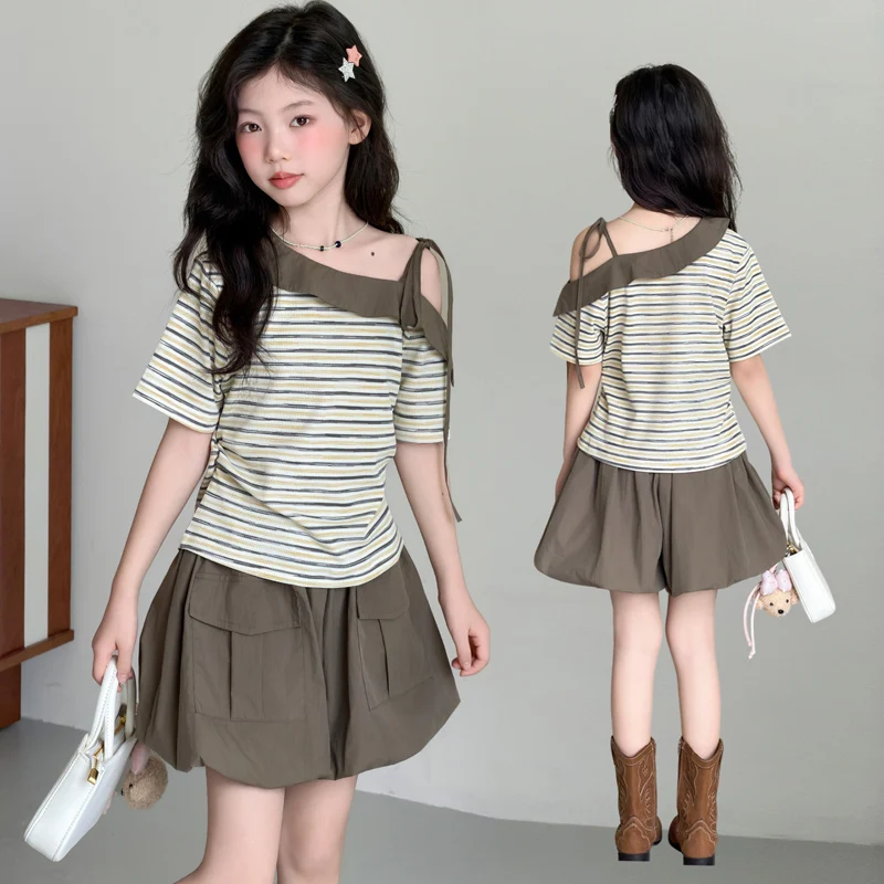 Summer Teenage Girls Suits Fashion One-Off Shoulder Striped Top+Bloomer Shorts Children's Clothing Two-Pieces Sets 6 8 10 12 14Y