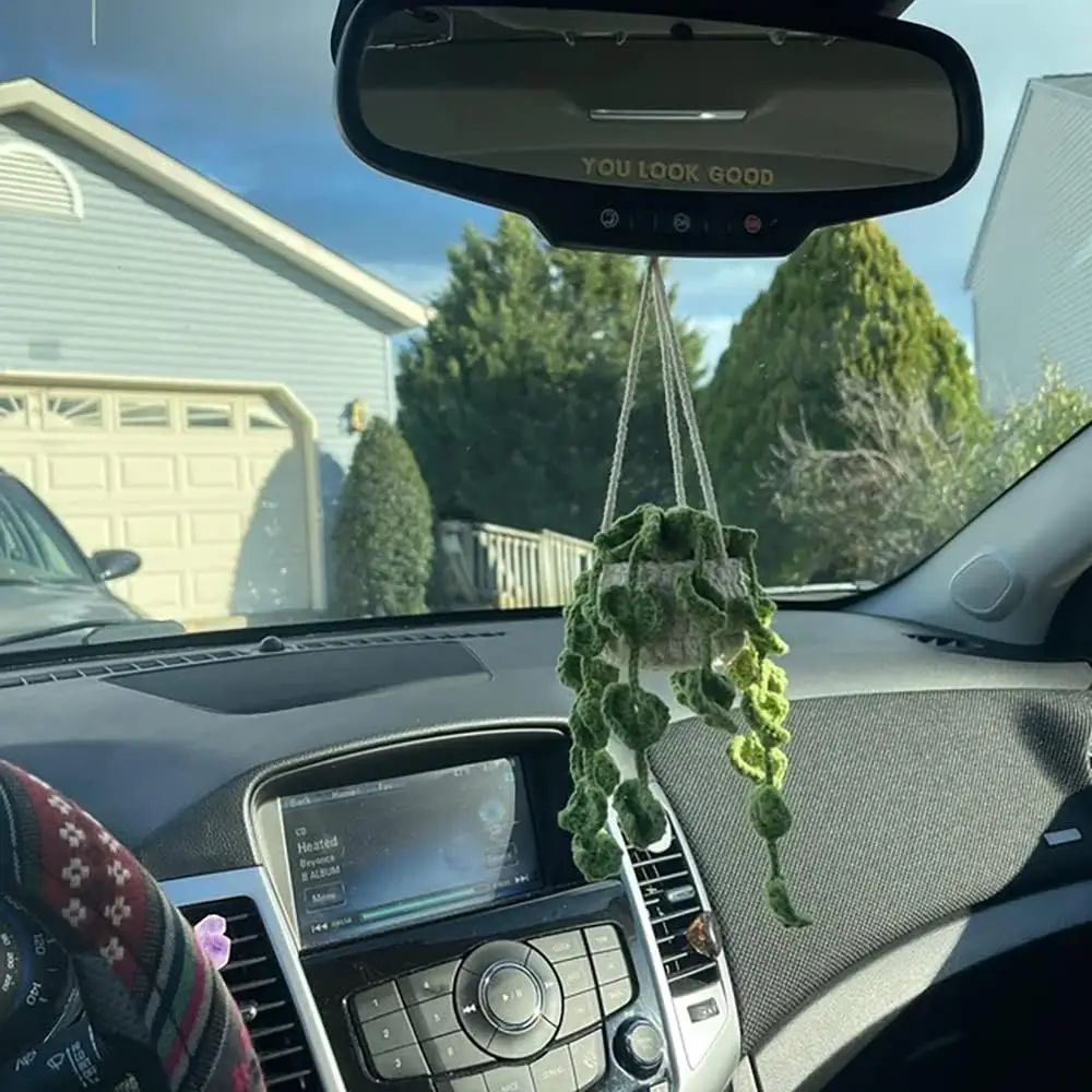 Cute Crochet Plant for Car Rear View , Handmade Car  Hanging Accessories for Women Girls,Green Car Interior Aesthetic Decor Truc