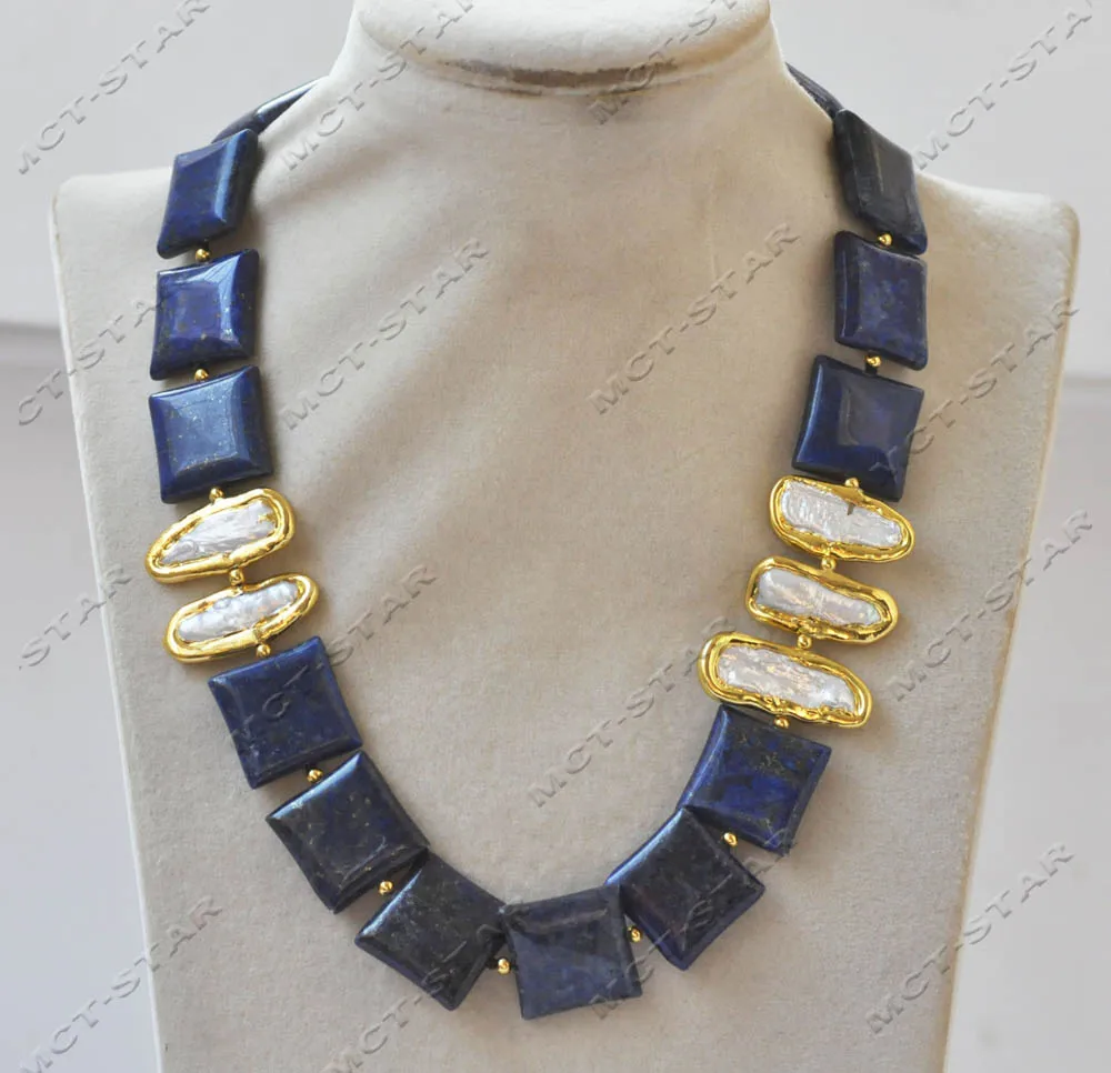 

Z13080 18" 30mm Square Coin Blue Lapis lazuli White Biwa Gold-Plated Pearl Necklace