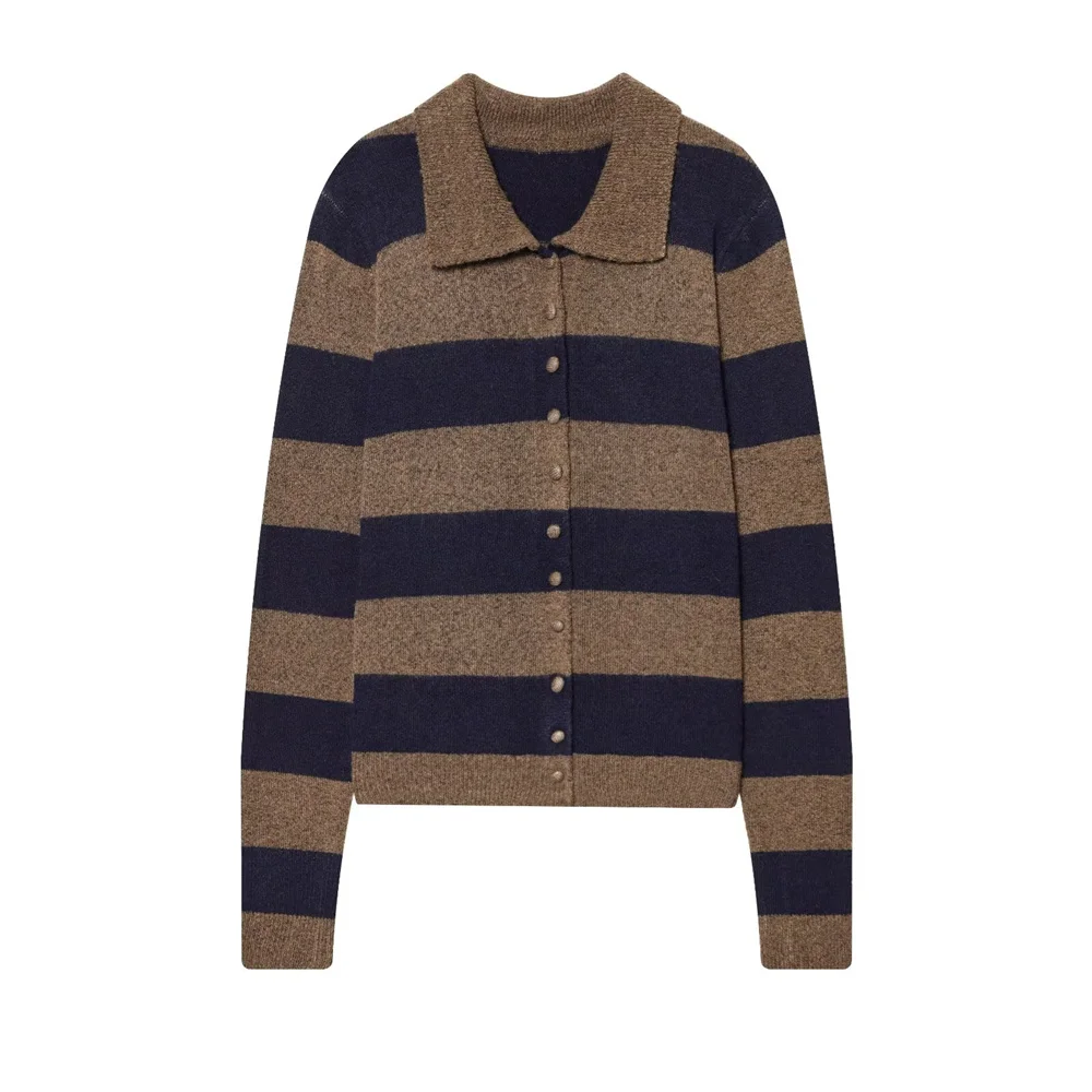 

Winter new women's retro style single row multi button long sleeved POLO collar striped knitted jacket