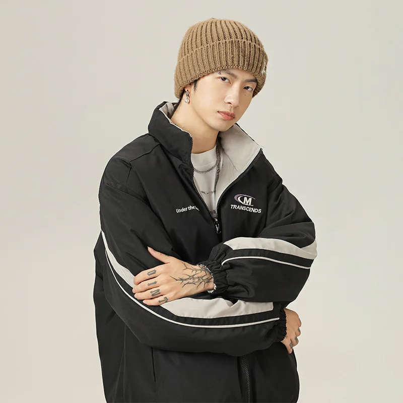 

Мужская зимняя утепленная куртка из хлопка в американском ретро-стиле с двусторонним дизайном и цветными вставками, с буквенным принтом