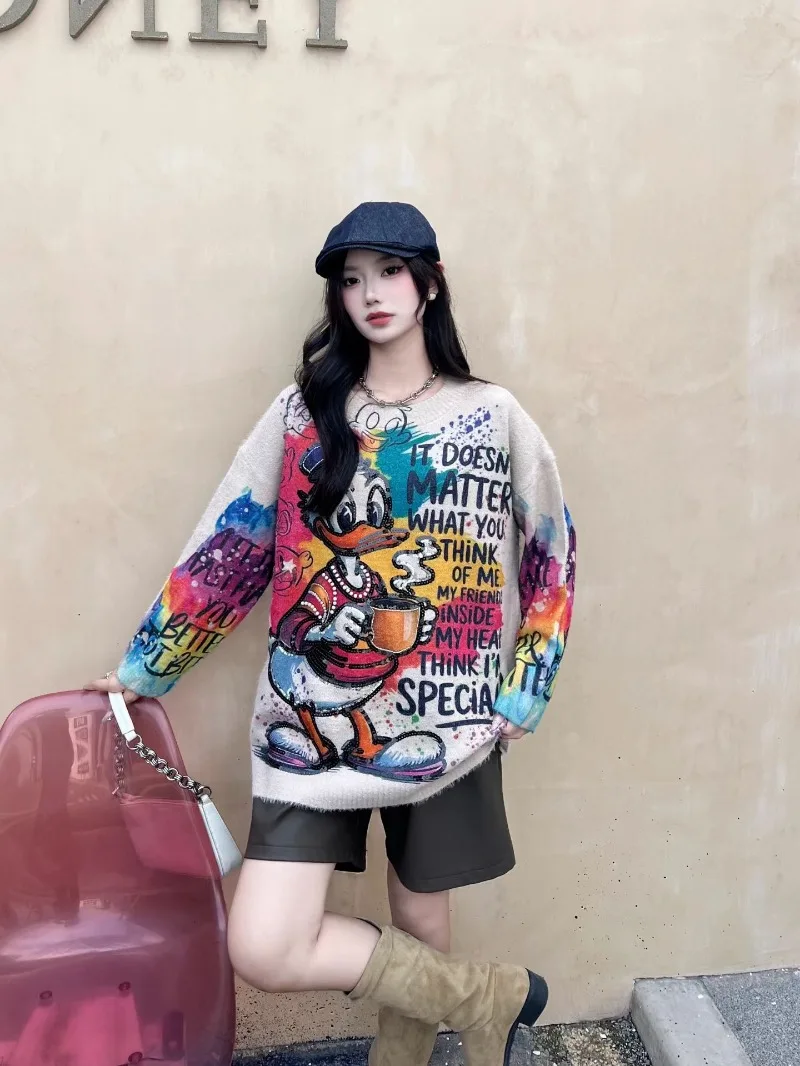 الكرتون طباعة طويلة الأكمام س الرقبة محبوك سترة للنساء الخريف بلوفر شتوي فضفاض المتضخم التخسيس تريكو ملابس خارجية