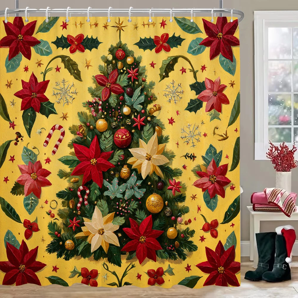 

Christmas Shower Curtain, Bathroom Decorative Christmas Happy New Year Shower Curtain, Christmas Tree Shower Curtain with Hooks