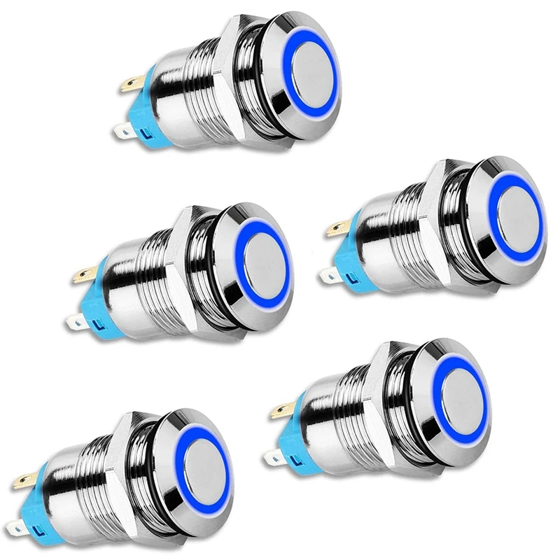 5PCS 12Mm Latching Push Button Switch High Round Cap, Waterproof Metal Push Button Switch With 12V/24V Blue Light