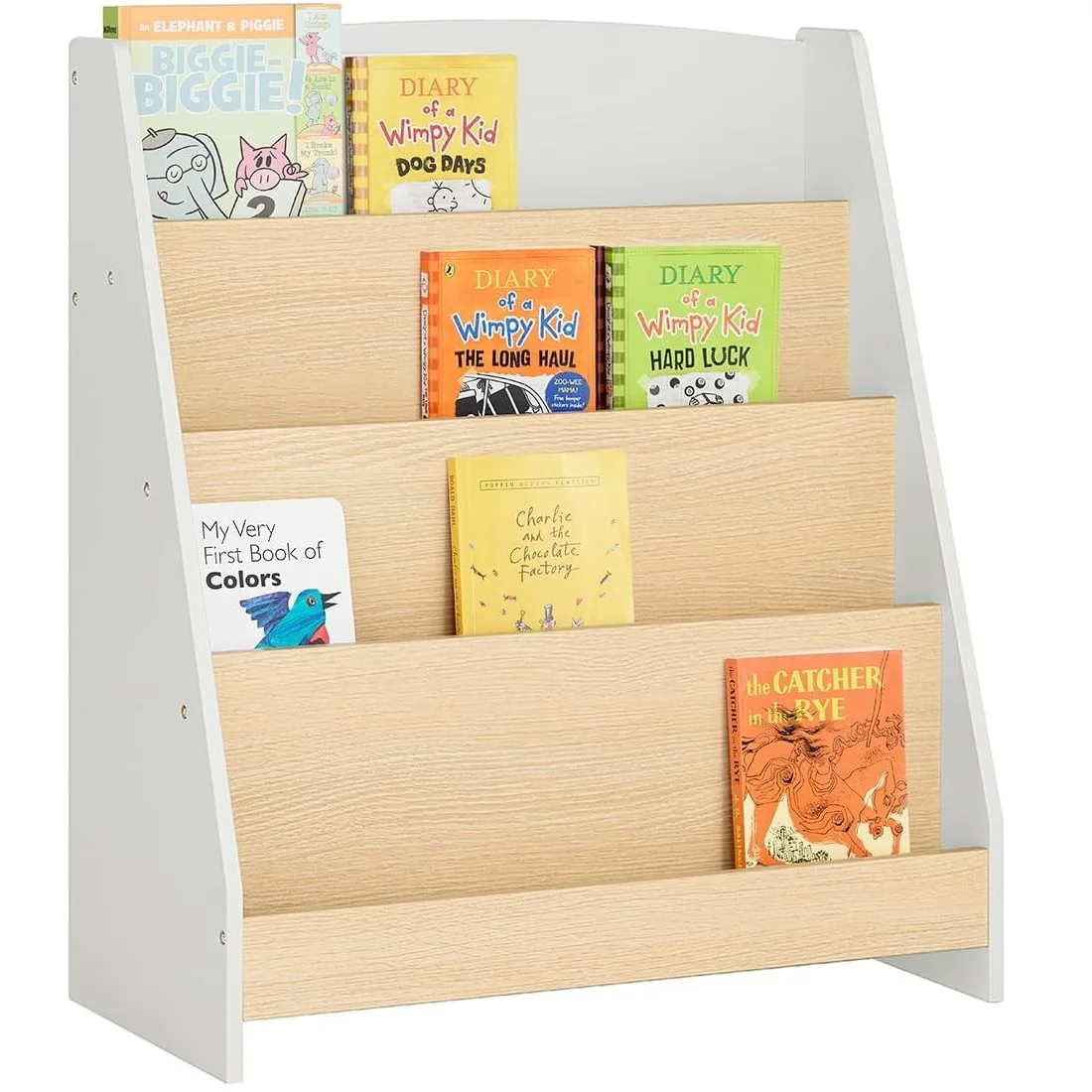 Estantería infantil, Mueble de almacenaje con 4 niveles de compartimentos abiertos, 61x30x71cm, Blanco + color madera