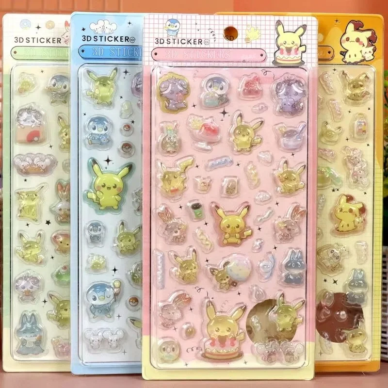 4/40Pcs Pokemon Pikachu Stickers Japanese Style Solid Crystal Epoxy Relief Cute Cartoon Stickers For  DIY Phone Case Decoration