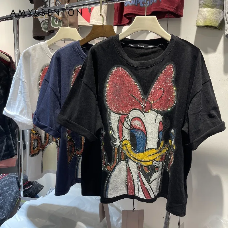 Sweet Cute Design Cartoon Pattern T-shirts Heavy Industry Sequins Color-Block Loose Tshirts Women's Top Crew Neck Pullovers Tees