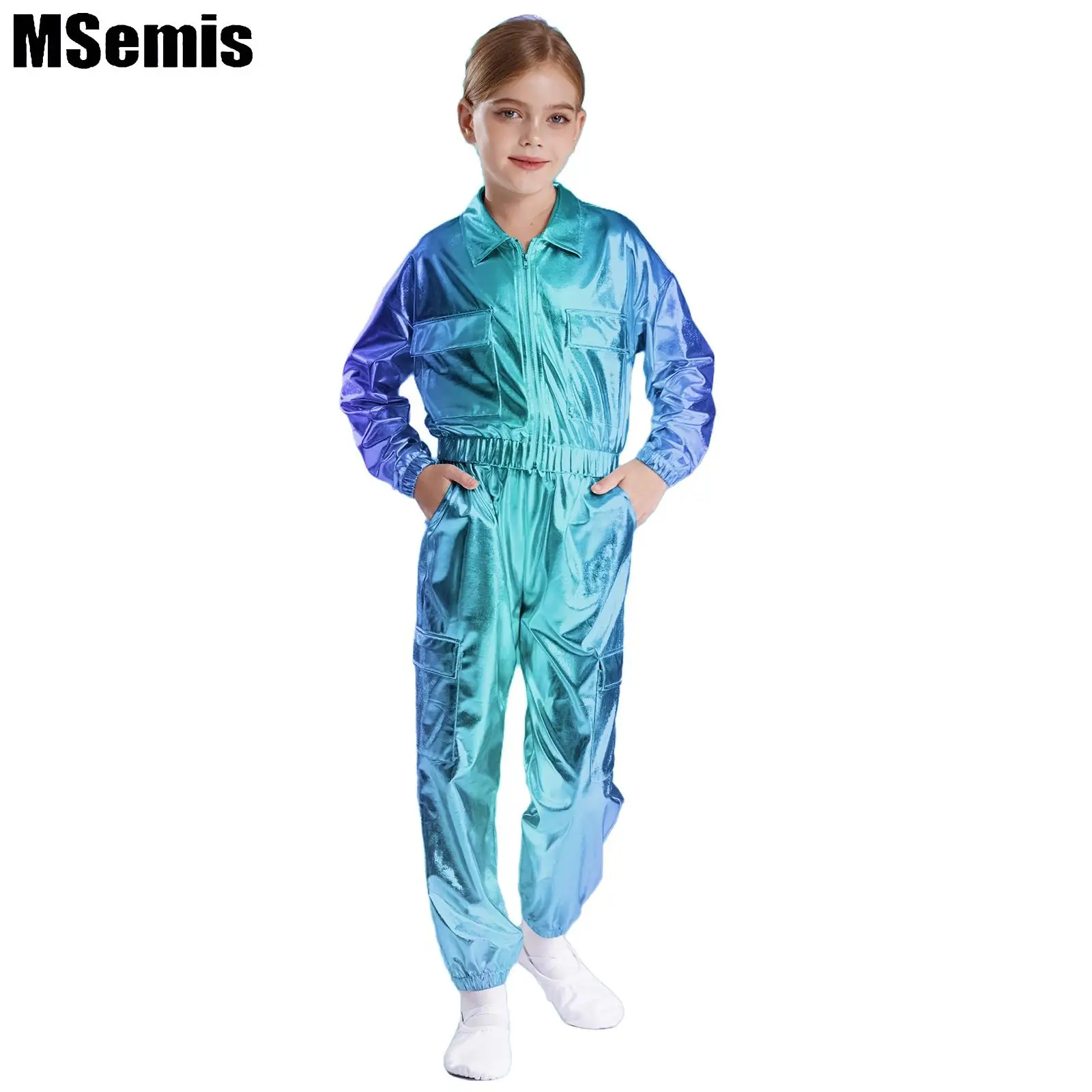 

Kids Metallic Dance Outfit Boys Girls Turn-Down Collar Long Sleeve Outwear Jacket with Shiny Pants for Hip-Hop Jazz