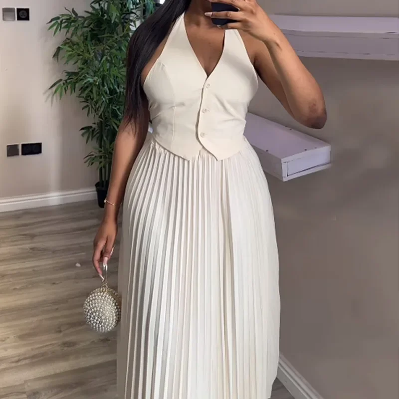 Women Pleated Dress Sets Vest Crop Top Straight White Elegant Long Skirt Two Piece Set Tank Top Work Summer Sexy Matching Sets