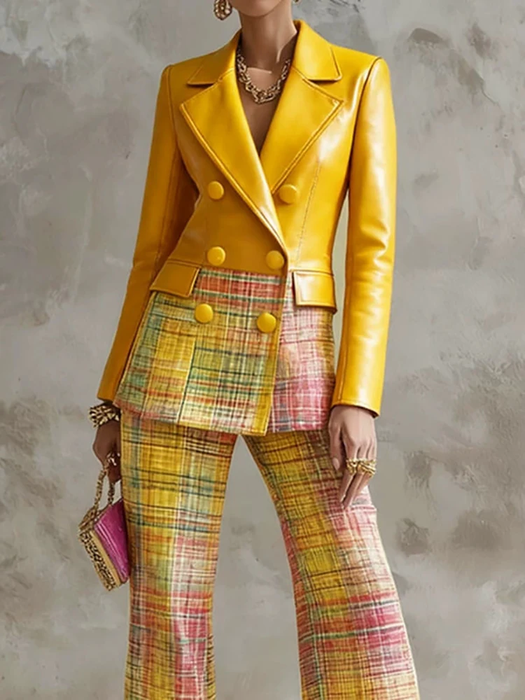 Women Pu Leather Cropped Blazer 2 Piece Suit Pointed Long Sleeves Elegant Jacket With Check Tweed Glossy Leather Trousers Sets