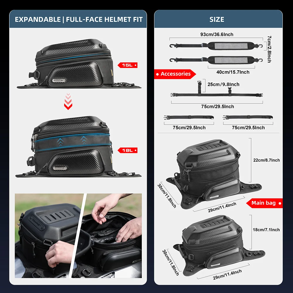 Rhinowalk 15L Expandable Motorcycle Hardshell Tank Bag Cycling Backpack Luggage Bags with Waterproof Cover Motorcycle Equipment