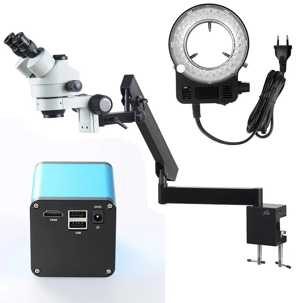 7X‑45X Zoom Triocular Stereo Microscope CCD Video Bracket Multifunctional Industrial Microscope for Repair Welding Inspection