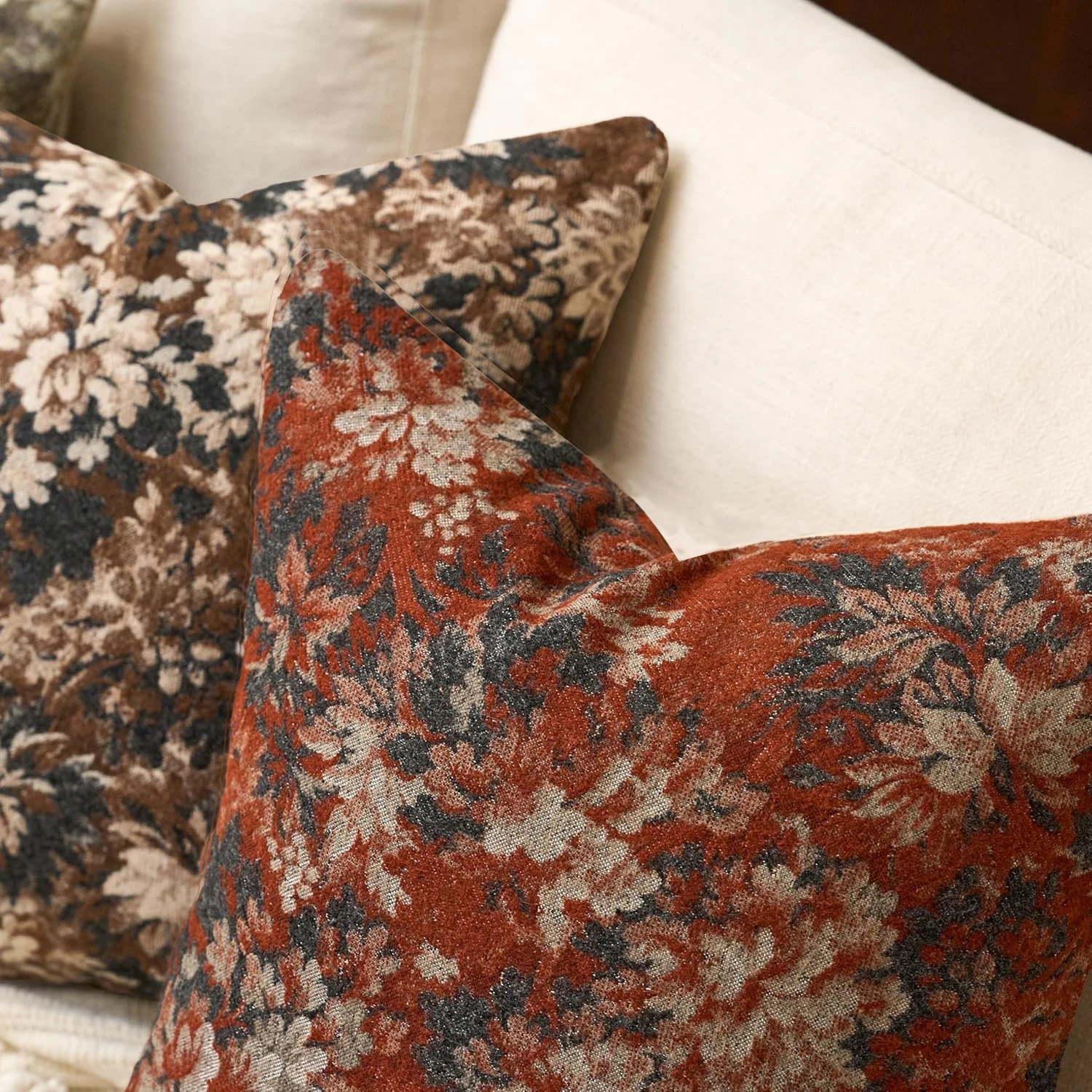 2-Piece Neutral Floral Printed Pillow Covers, 18×18 Inches, Vintage Chenille Square Cushion Covers, Insert Not Included