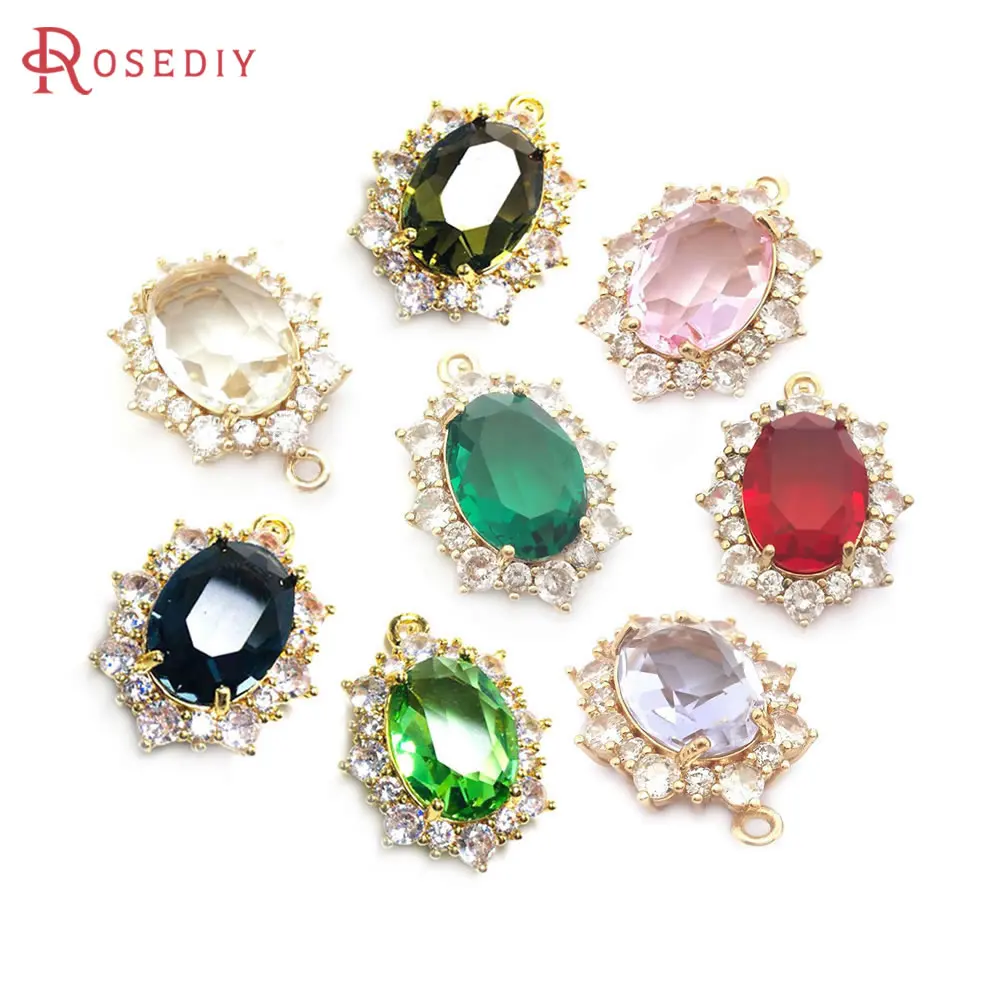 

4PCS 18x24MM 18K Gold Color Brass and Zircon and Glass Oval Shape Charms Pendants High Quality Jewelry Making Diy Findings