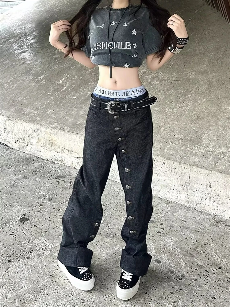 Women's Long Buckle Design Black Jeans Casual Pants Unisex High Waisted Sweatpants Retro Bottoms Women Female Wide Leg Trousers