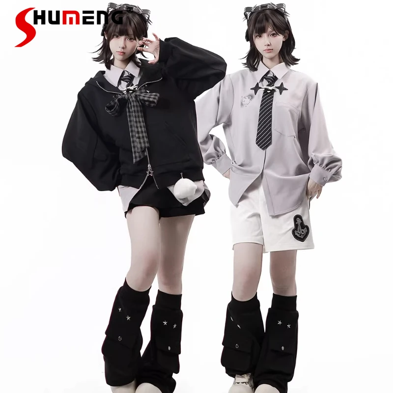 

Cartoon Shirt Hooded Jacket 2026 Spring Summer Slimming Leg Sleeves Youthful Y2k Single-breasted Long-sleeves Loose Blouse Women