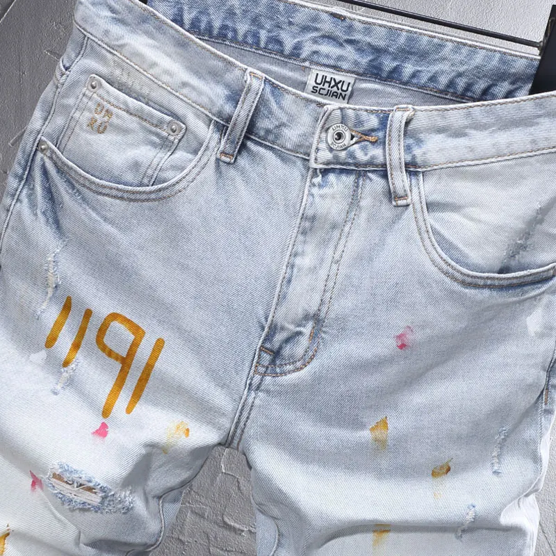 Zomer Straatontwerper Mode Korte Jeans Heren Retro Lichtblauw Gescheurd Jeans Bedrukt Designer Hiphop Denim Shorts Heren