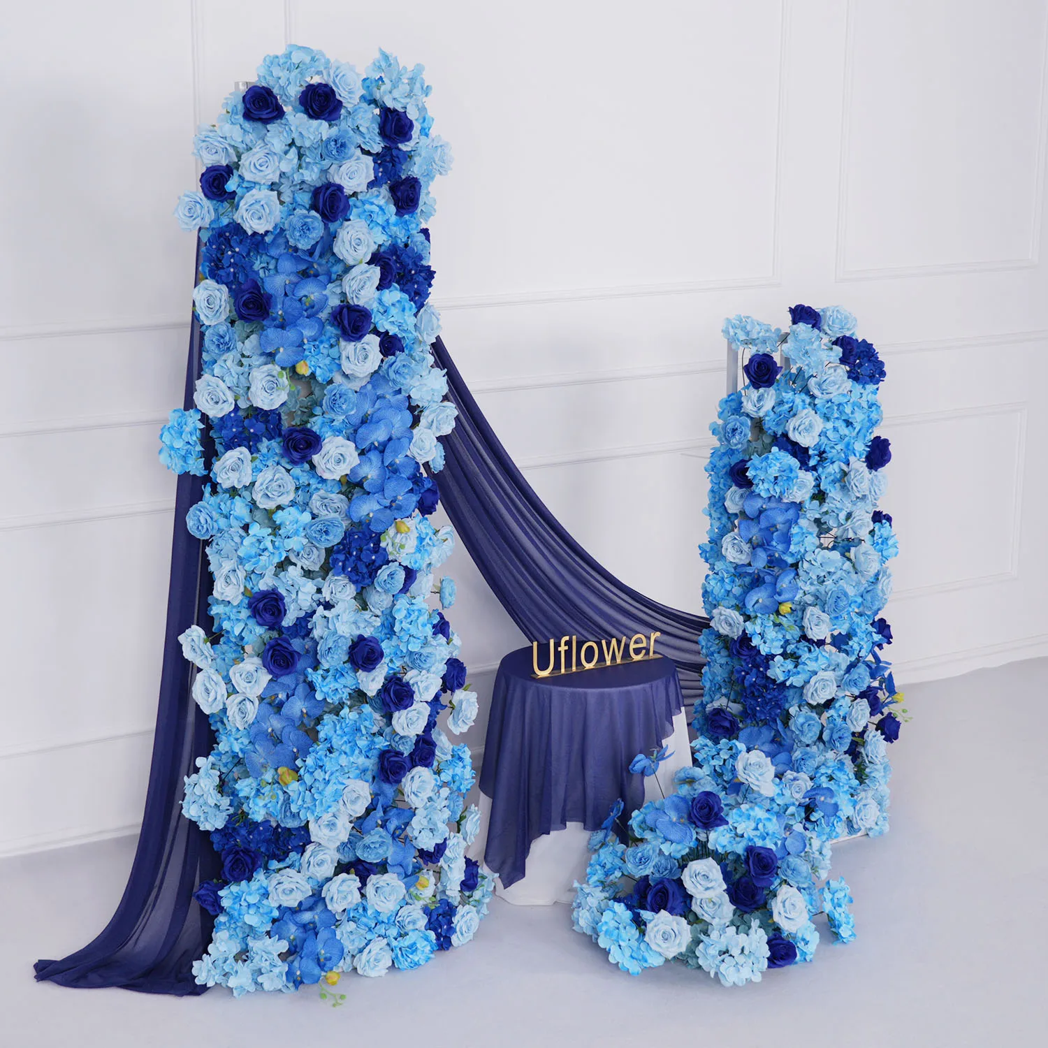 Uflower Luxury Royal Blue Wedding Backdrop Floral Arrangement Rose Hydrangea Orchid Floor Flower Ball Banquet Event Party Decor