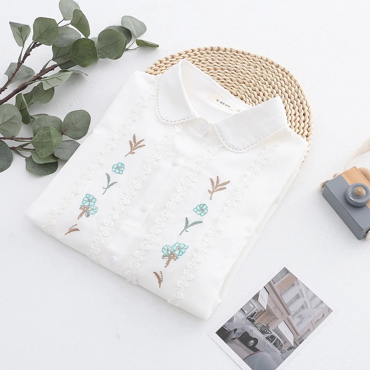 New Summer Cotton Casual Short Sleeve Shirt Women Lapel Embroidery Tops Girl Loose Fashion OL Blouses 2024 Autumn T45011QM