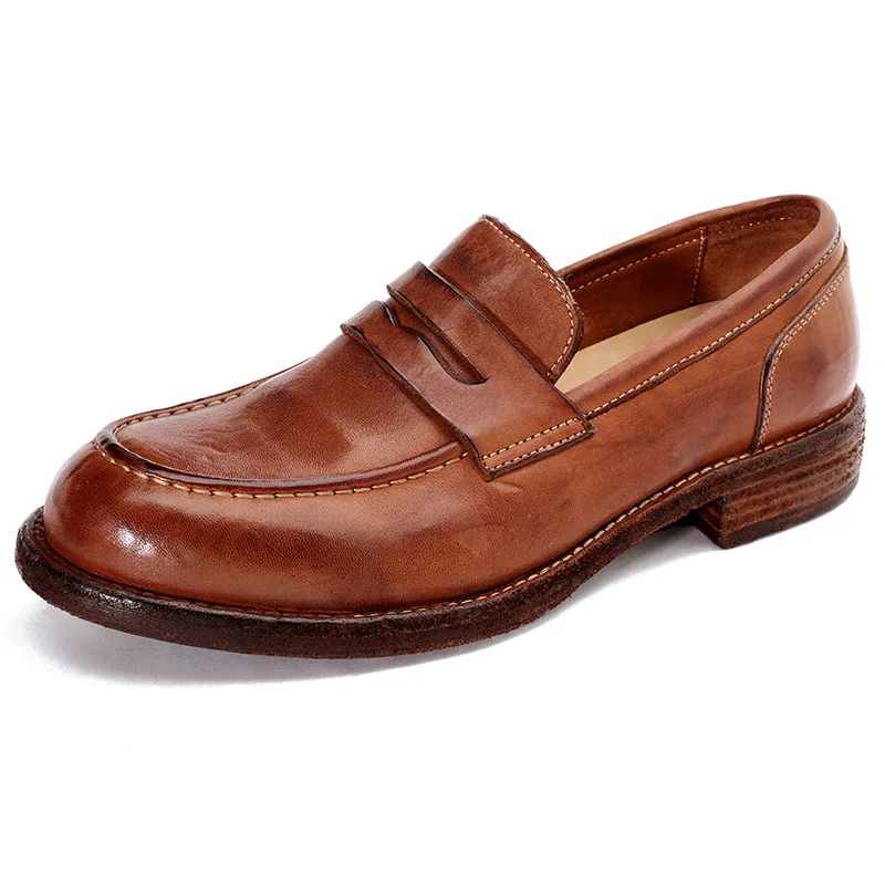 

Men's New Washed Horsehide Leather Loafers | Italian High-End Business Dress Shoes | Hand-Rubbed Distressed Leather Sole Oxfords