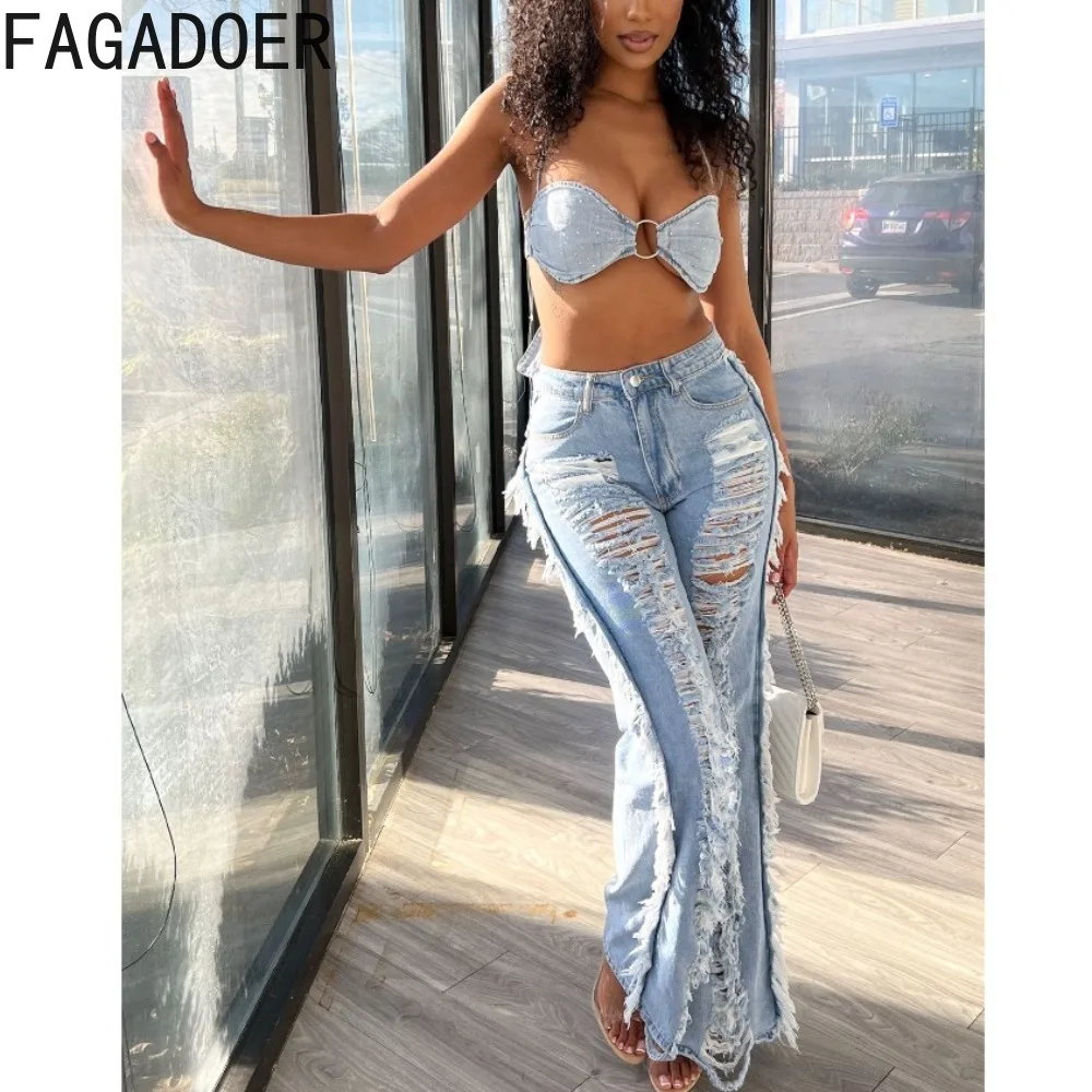 

FAGADOER Light Blue Sexy Hole Straight Jeans Two Piece Sets Women Halter Lace Up Bra + Pants Outfits Fashion Denim 2pcs Clothing