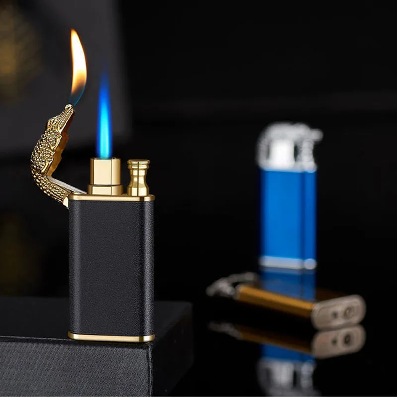 Hot Turbo Windproof Butane Gas Blue Flame High Power Metal Lighter Outdoor LED Light Barbecue Kitchen Cigar Lighter Men\'s Gifts