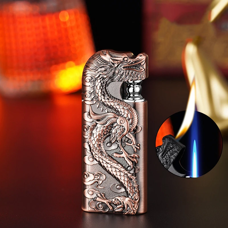 Wholesale of new dual flame direct conversion open flame inflatable lighters with metal three-dimensional relief dragon men\'s li