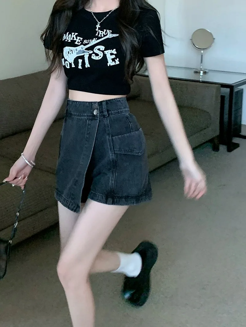 High Waist Denim orts Women's Spring Autumn Anti Exposure Slimming Design A-Line  Skirt Pants Cotton Stretch Denim